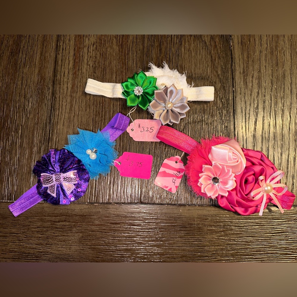NWT Handmade Flower Headbands x 3 Infant Baby Child Girl Sequin Bow Shabby Rose